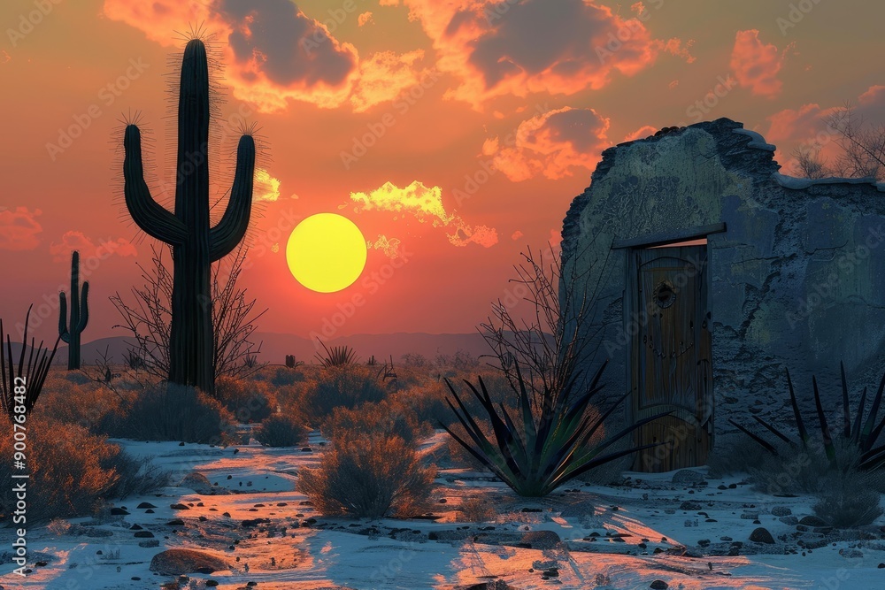 Poster Tranquil desert scene with a vivid sunset providing a colorful backdrop to the silhouette of cacti and adobe building ruins