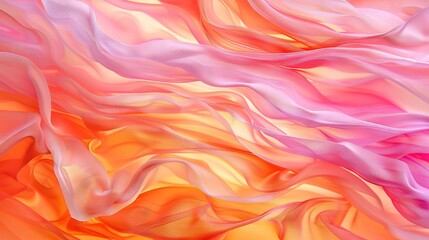 Obraz premium A photo captures a close-up of a vibrant blend of pink, yellow, and orange waves on a flowing sheet of material