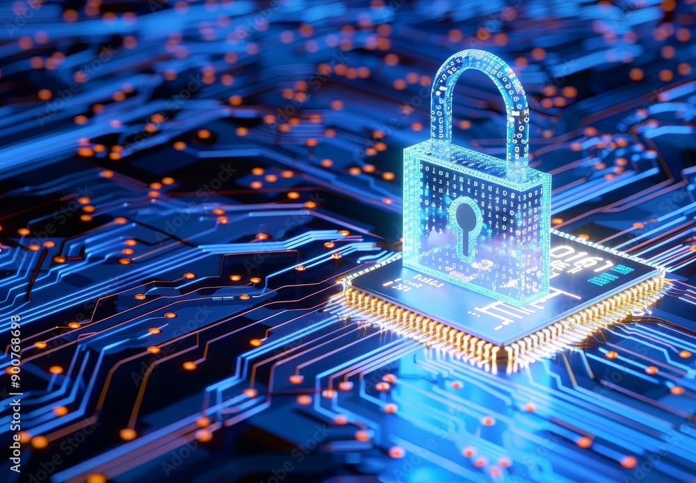 Aufkleber digital padlock on board with blue digital background for security and data protection concept