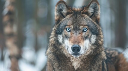 Fototapeta premium Wolf with piercing blue eyes in a snowy forest