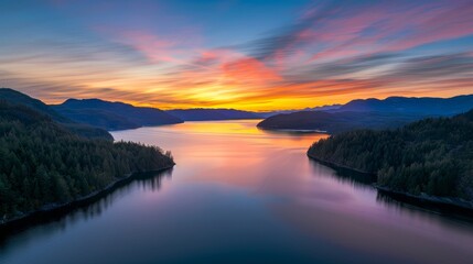 Fototapeta premium A breathtaking sunset over a tranquil mountain lake