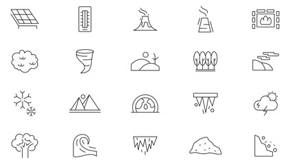 Climate change line icon set. Global warming, greenhouse, catastrophe, cataclysm, eco product, clean energy, renewable energy, recycling, reusable, and recycling outline icon collection. Ui thin icons