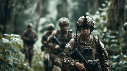 Fototapeta premium A group of soldiers in full camouflage gear and helmets with night vision goggles navigating through a dense forest.