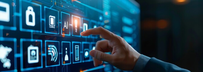 A Businessman touching a digital screen with AI and technology icons on a virtual background