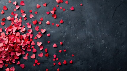   Red hearts on black background with space for message or message on left side