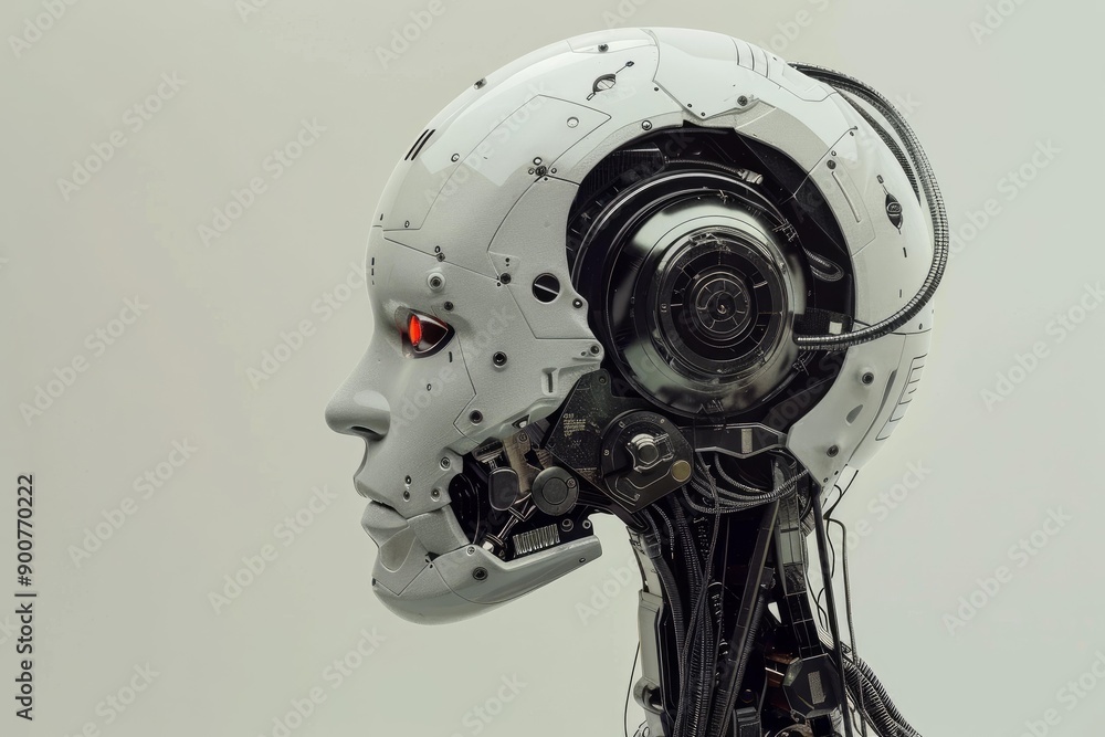 Aufkleber detailed profile view of an advanced humanoid robot head with red eye and intricate mechanics