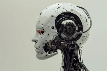 Detailed profile view of an advanced humanoid robot head with red eye and intricate mechanics