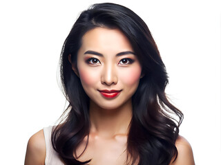 Naklejka premium Portrait of a woman with wavy dark hair, wearing bright red lipstick.