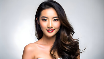 Fototapeta premium A young woman with long, dark hair and bright red lips, smiling confidently.
