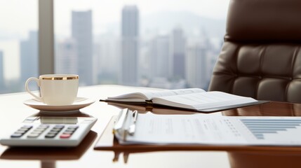 A close-up of a financial planners desk with various documents and a calculator, with copy space, high-resolution photo, realistic photo