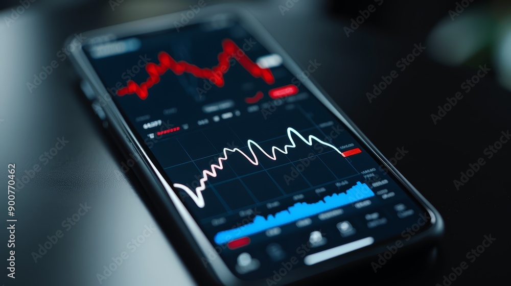 Poster a close-up of a stock market app with detailed performance graphs and charts
