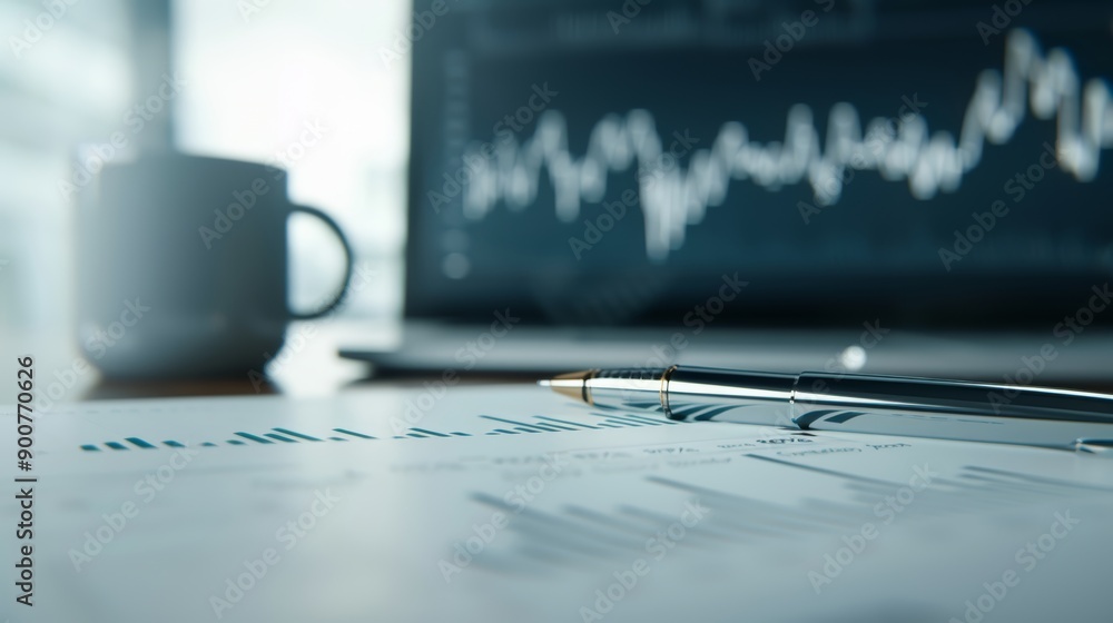 Poster a detailed shot of a stock market report with various indices and performance graphs, with copy spac