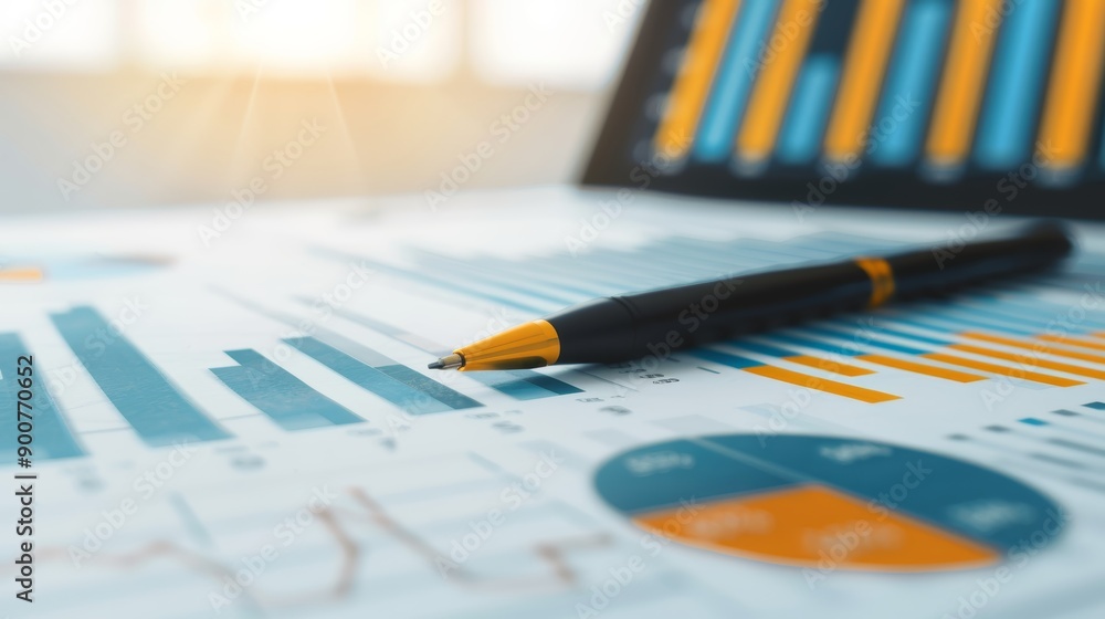 Poster a detailed shot of a stock market report with various indices and performance graphs, with copy spac