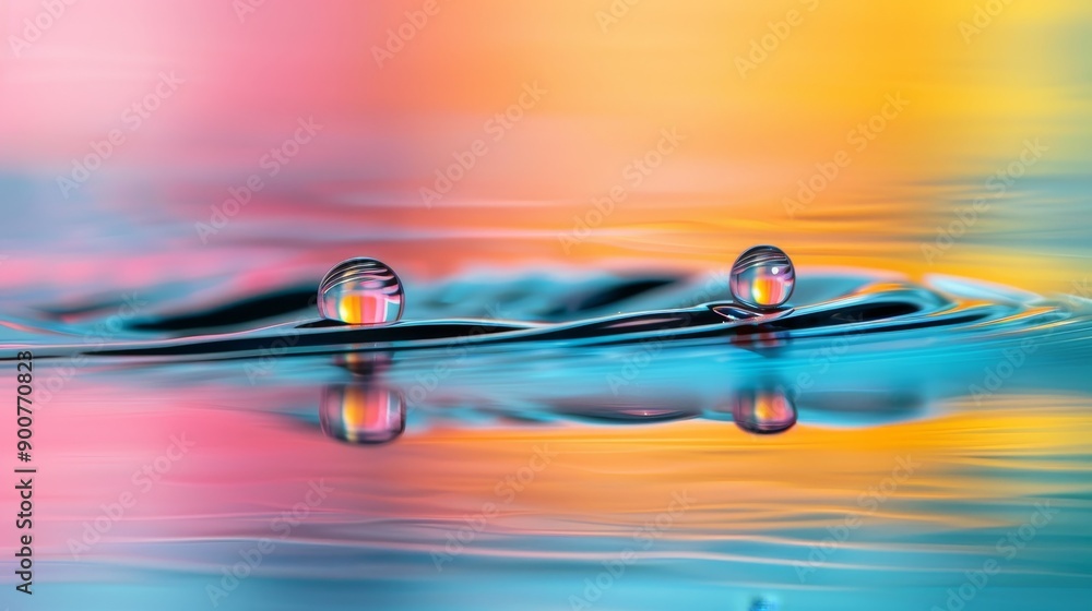 Poster a close-up of colorful abstract reflections on a calm water surface, creating a painterly effect