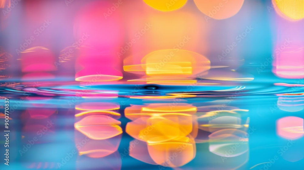 Poster a close-up of colorful abstract reflections on a calm water surface, creating a painterly effect