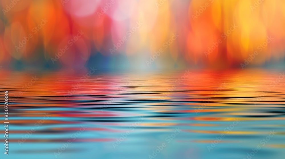 Poster a close-up of colorful abstract reflections on a calm water surface, creating a painterly effect