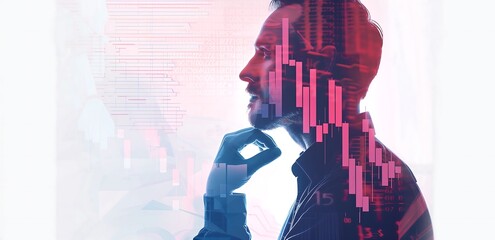 A stock market graph is displayed on the screen, with double exposure of a man thinking about financial trends. White background, 3D rendering, illustration