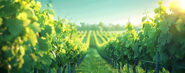 Fototapeta premium Automated irrigation system in a lush vineyard with rows of grapevines on a sunny day