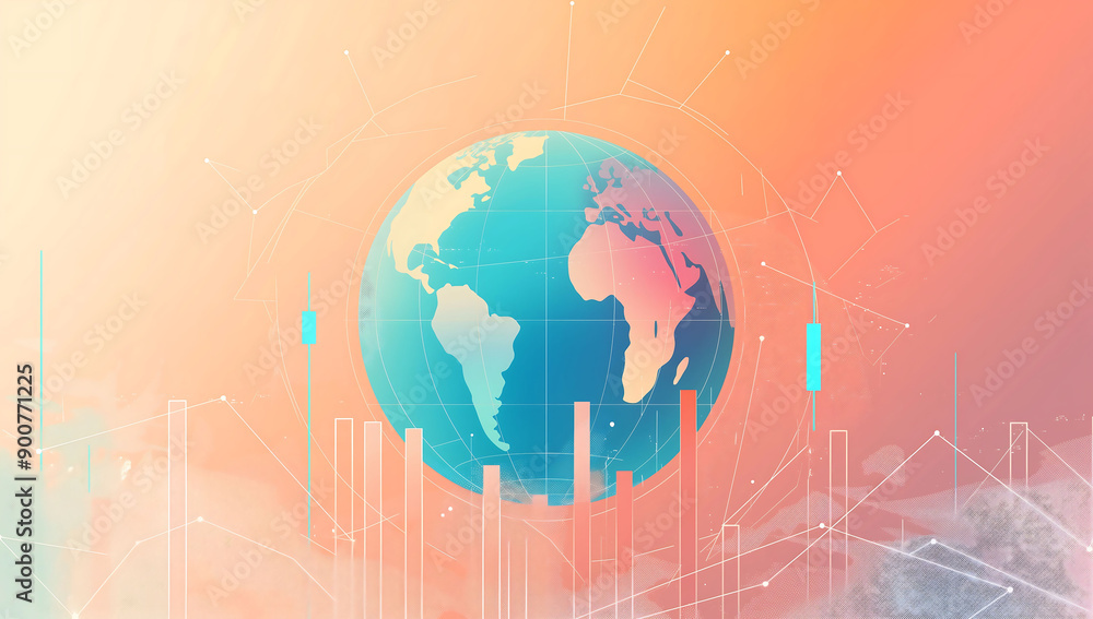 Poster digital representation of globe and candlestick chart