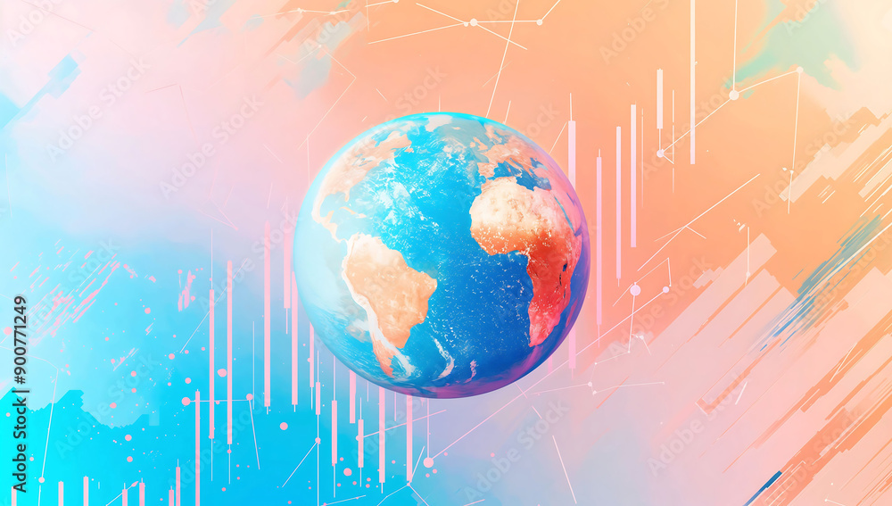 Poster digital representation of globe and candlestick chart