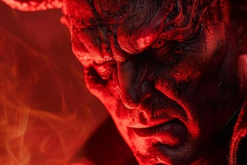 Dramatic closeup of a red demon with glowing eyes amidst fiery background