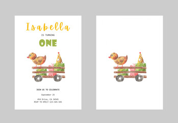 Watercolor postcard isolated - hand drawn chicken sitting on the gift boxes in the farm wagon, Happy birthday kids postcard invitation design card