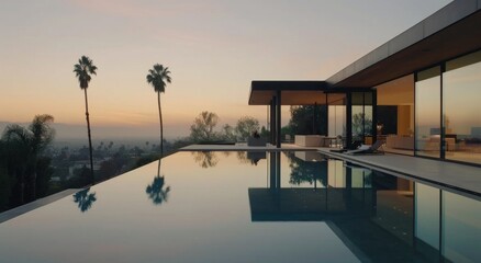 Fototapeta premium Modern Home With Infinity Pool at Dusk