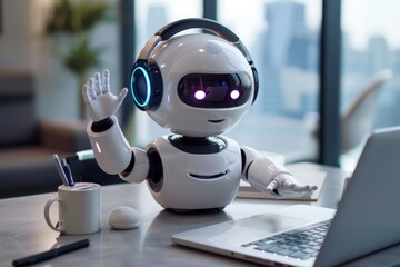 A cute white robot with headphones is sitting at a table in front of an open laptop, customer service or support work