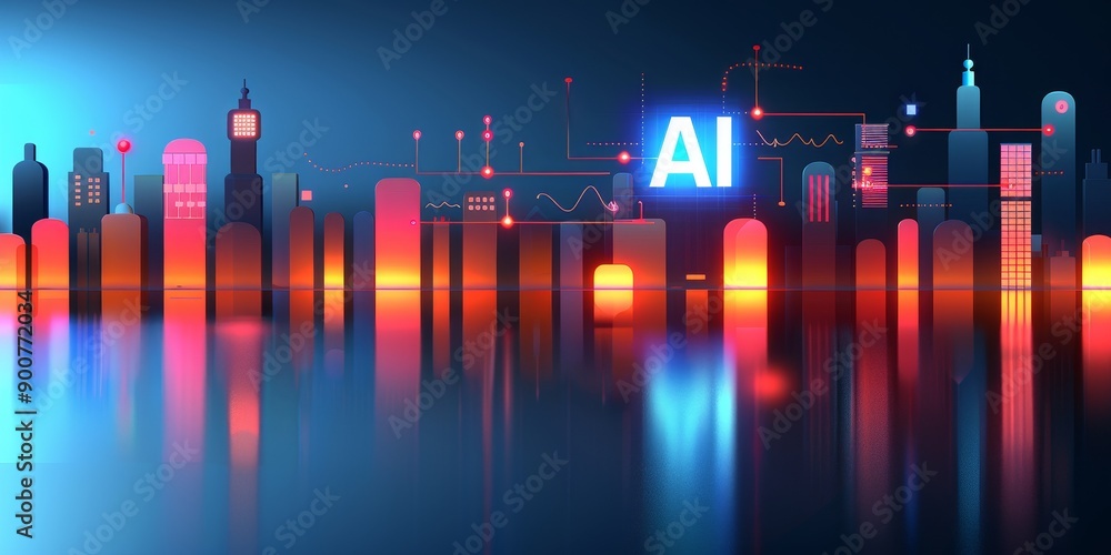 Poster artificial intelligence symbols like neural networks or data curves