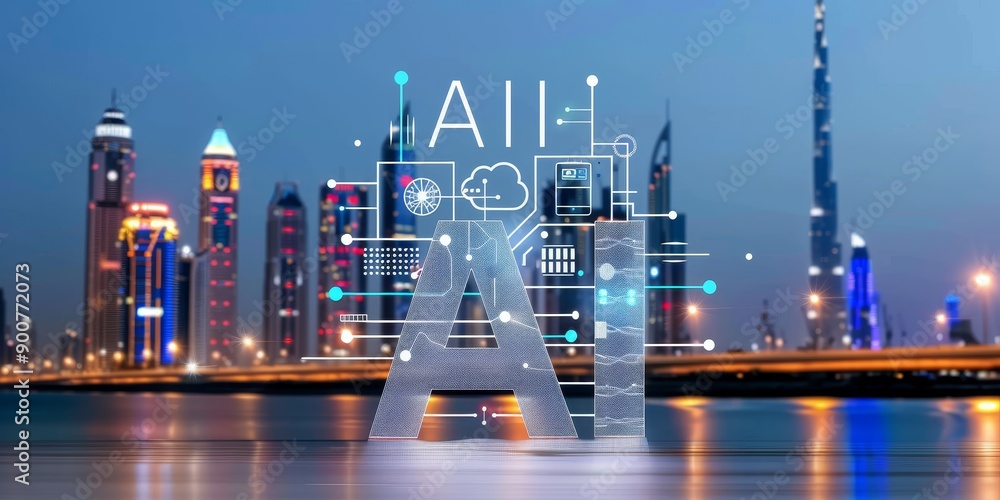 Poster artificial intelligence symbols like neural networks or data curves