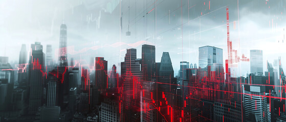Real estate market and commercial property crisis concept with red falling graph and city on background, financial downfall, double exposure, illustration