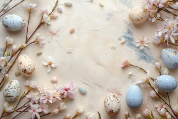 Fototapeta premium Decorated Easter eggs and spring flowers on a beige background. Flat lay composition with copy space. Easter celebration and springtime holidays. Generative AI