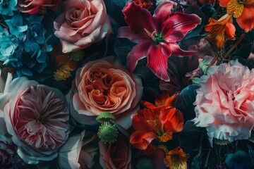 Close-up of assorted colorful flowers, including roses, lilies, and hydrangeas, with dark green leaves. Floral design for greeting card, invitation, postcard, banner. Generative AI