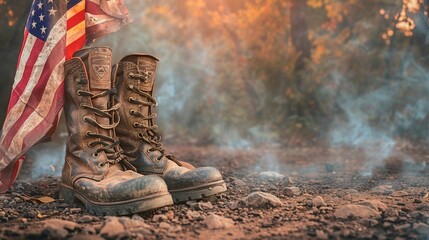 american soldier with military shoes, usa flag