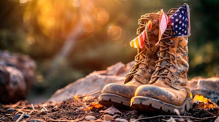 american soldier with military shoes, usa flag