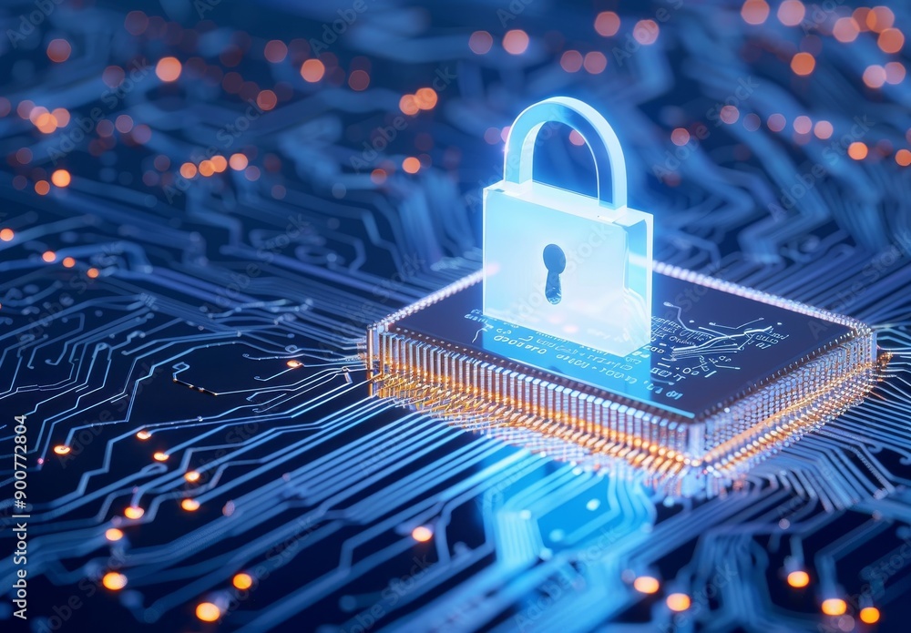 Poster digital padlock on board with blue digital background for security and data protection concept
