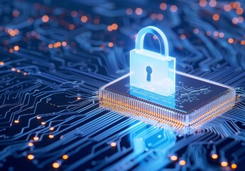 Digital padlock on board with blue digital background for security and data protection concept