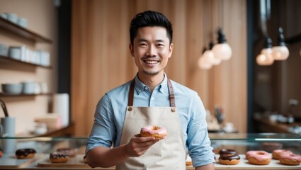 A smiling man in an apron presents a donut in a bakery