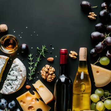 various types of cheese, wine and grapes on a black background