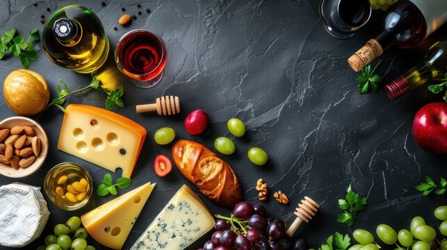 cheese, grapes, olives and nuts on a black table