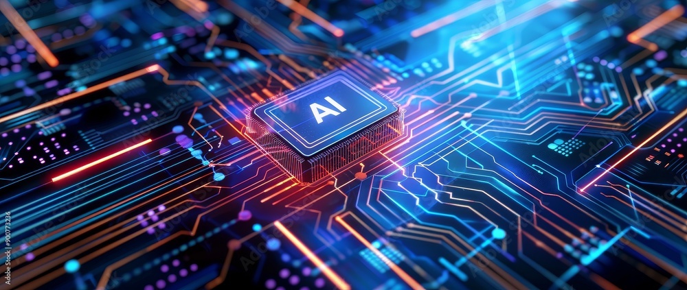 Poster a futuristic and high-tech background with an ai chip glowing in the center