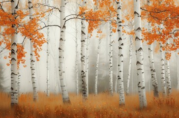 Birch Trees in Foggy Autumn Forest