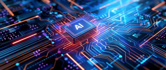 Fototapeta premium A futuristic and high-tech background with an AI chip glowing in the center