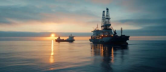 Oil Rig and Support Vessels in Open Sea