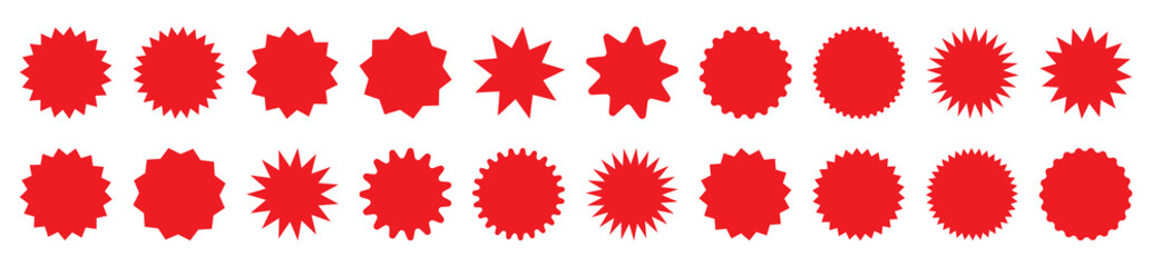 Set of red starburst, sunburst badges. Design elements - best for sale sticker, price tag, quality mark. Flat vector illustration isolated on white background.