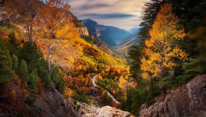 Autumn Wonderland: Trekking a Colorful Forest Path to a Scenic Gorge Overlook by Generative AI