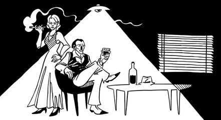 Horizontal illustration in tribute of Film Noir movies with an elegant man who drinks a glass of cognac in company of a fatal woman with a cigar smoker and a taunt look, in black and white