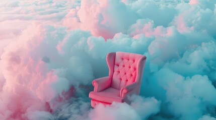 a pink chair sitting in the clouds