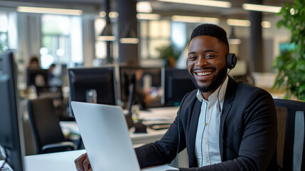 Fototapeta premium Young Professional Engaged in Customer Service at Modern Office Space During Daylight Hours