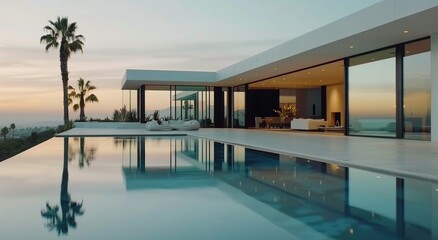 Fototapeta premium Modern Home With Infinity Pool at Dusk